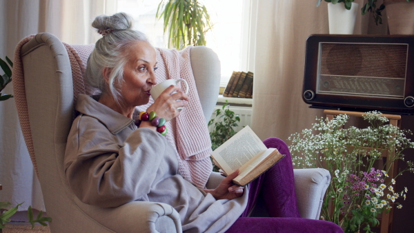 A relaxed senior woman sitting in armchair, reading book and drinking tea indoors at home.