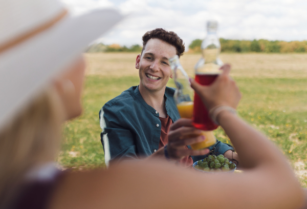 Happy young couple sitting together in front of van, camping and having toast with bottled beer.