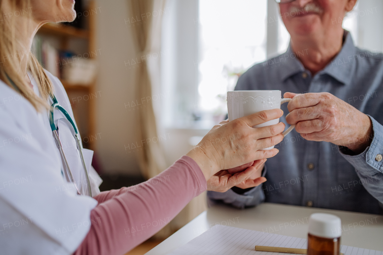 A close-up of doctor holding cup of tea and talking with senior man during medical visit at home.