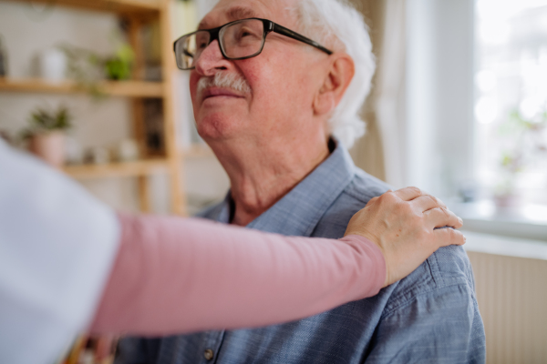 A healthcare worker or caregiver visiting senior man indoors at home.