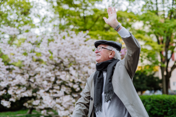 A happy senior man waving to somebody when on walk in park on spring day.