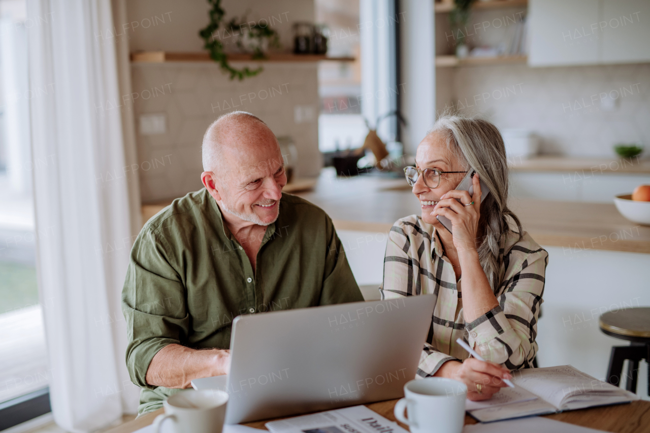 A happy senior couple calculate expenses or planning budget together at home.