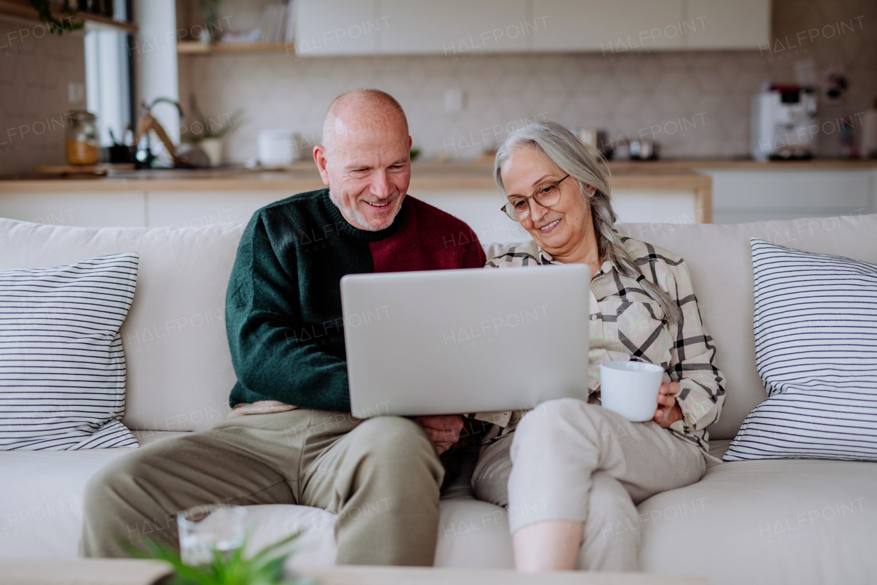 A cheerfull senior couple sitting home on sofa and using laptop