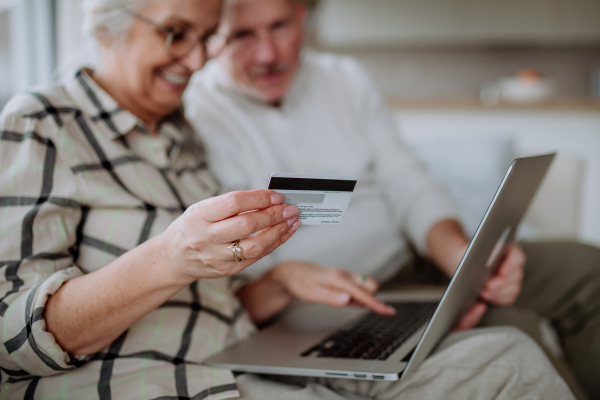 A senior couple sitting on sofa and shopping online with laptop and credit card