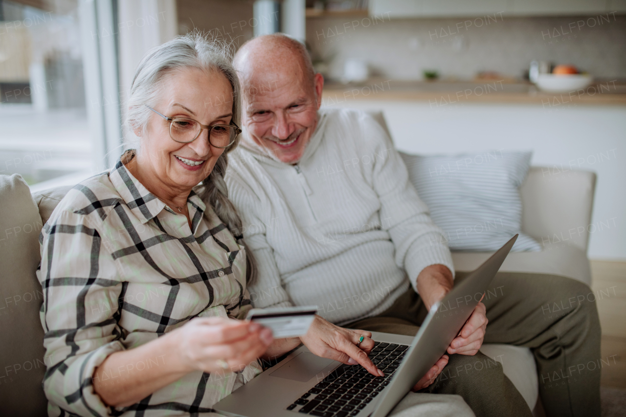 A senior couple sitting on sofa and shopping online with laptop and credit card