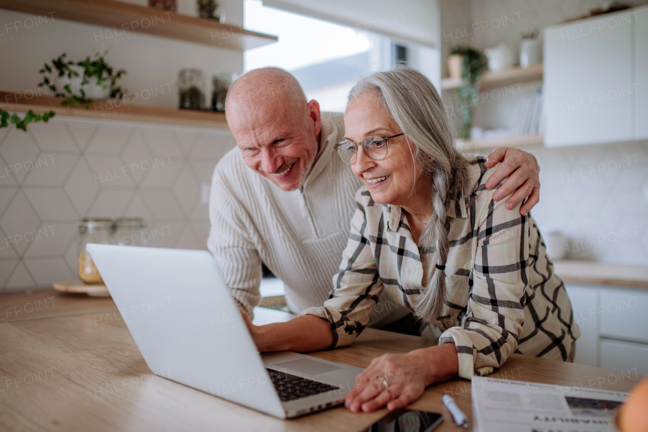 A happy senior couple calculate expenses or planning budget together at home.