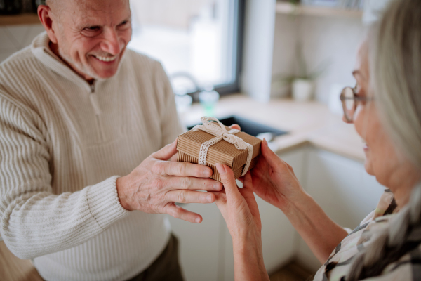 A happy senior woman getting present from her husband.