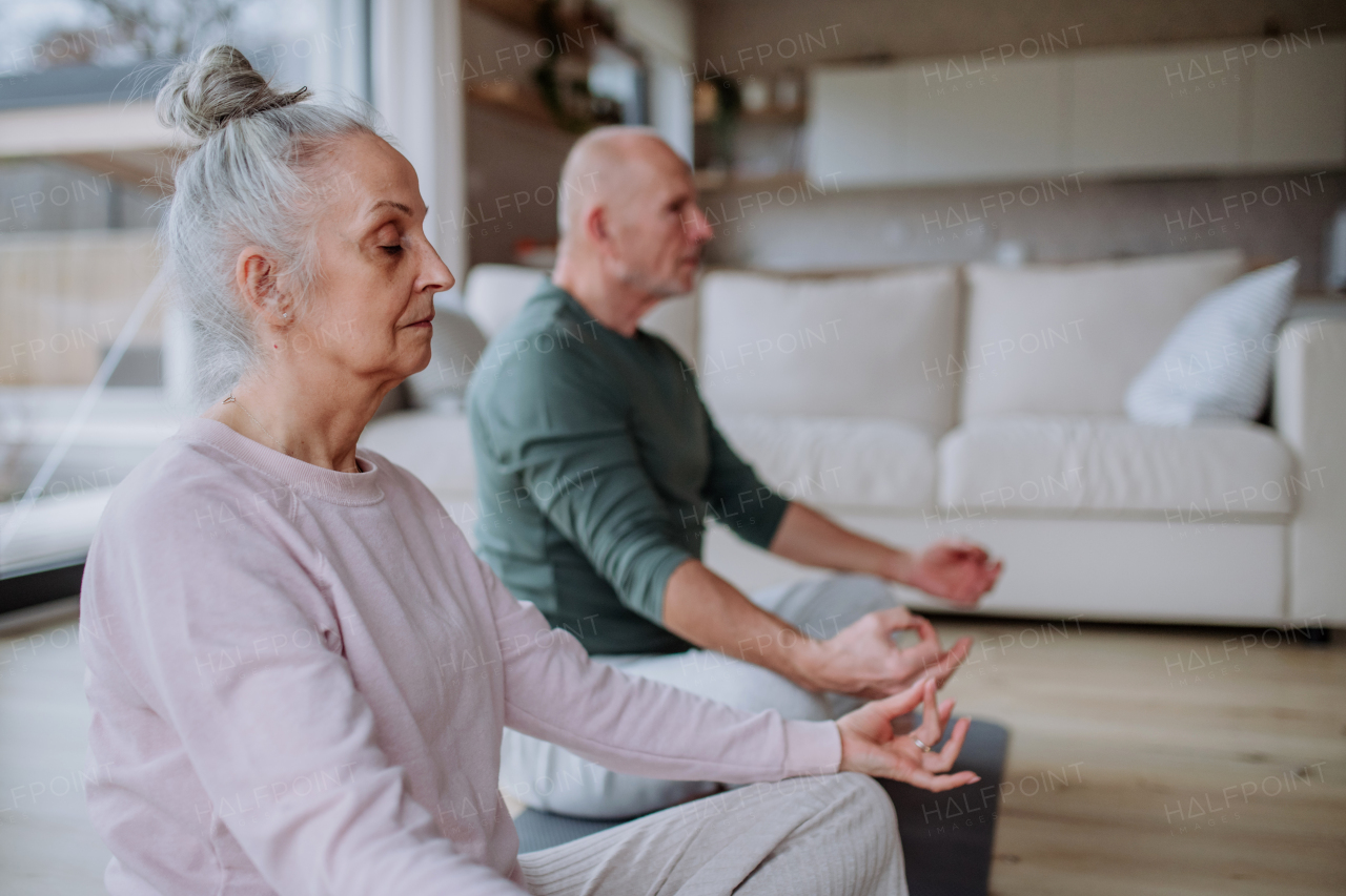 A senior couple doing relaxation exercise together at home.