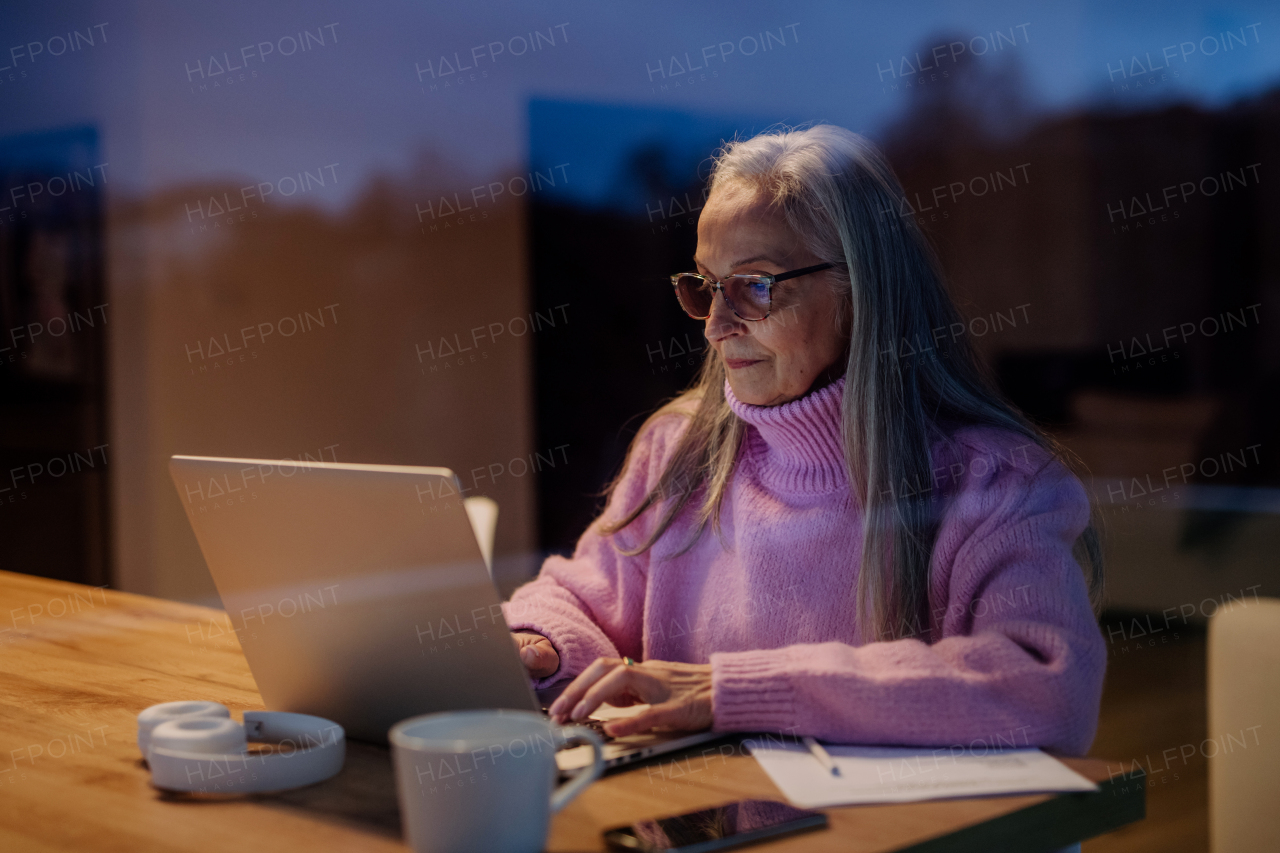 A senior woman sitting indoor and working on laptop.View trough the window.