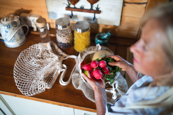 A close up of unrecognizable senior woman unpacking shopping indoors at home, sustainable lifestyle.