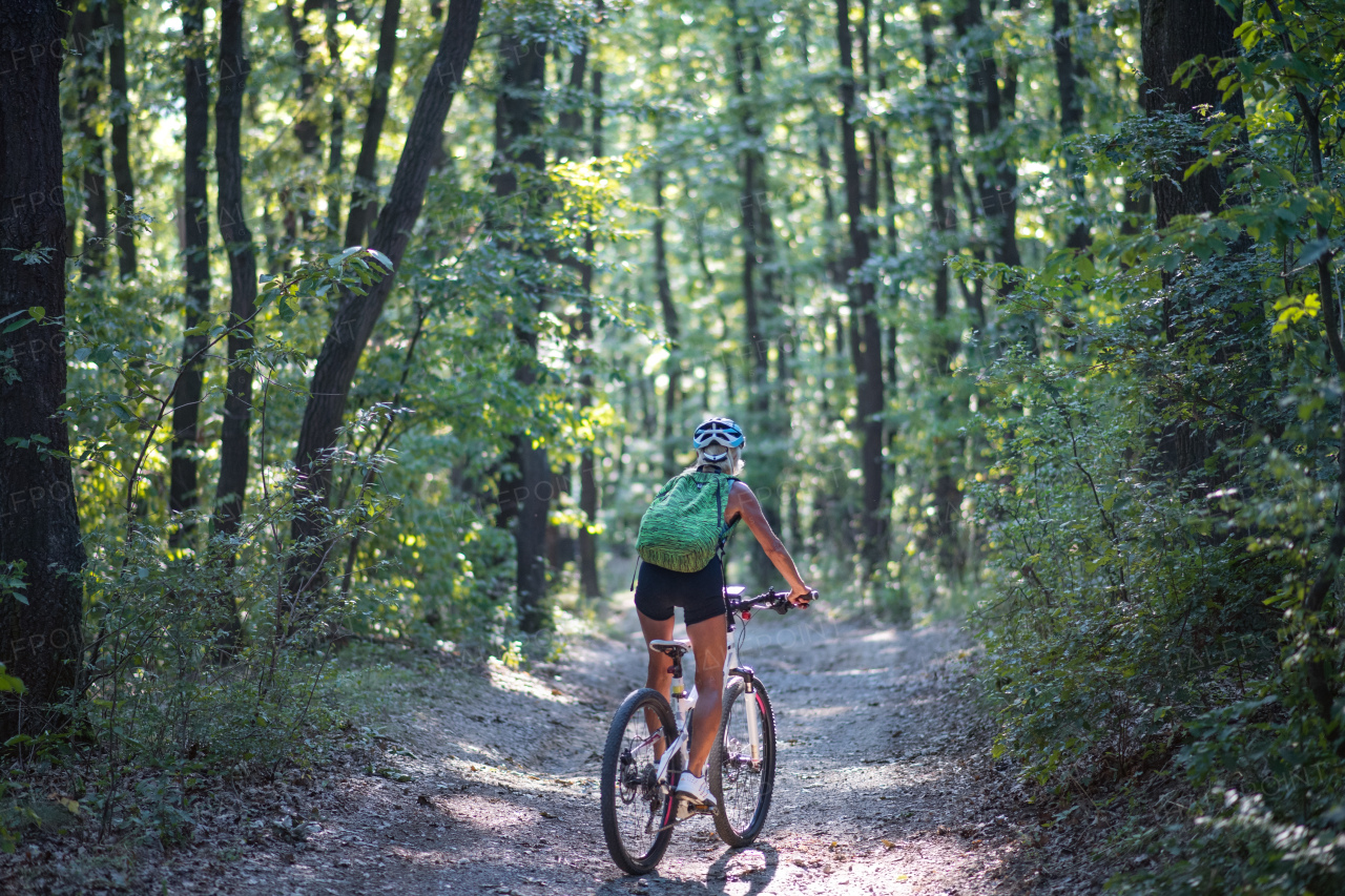 A rear view of active senior woman biker cycling outdoors in forest.