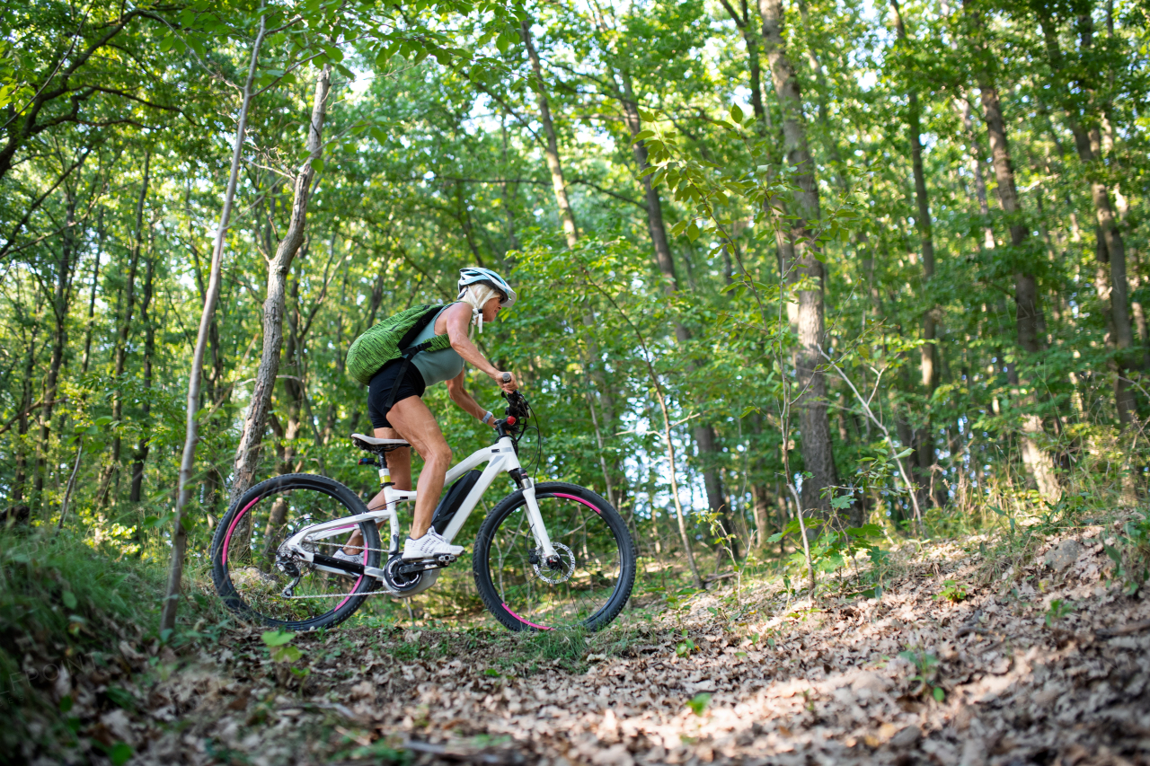 A low angle view of active senior woman biker cycling outdoors in forest.