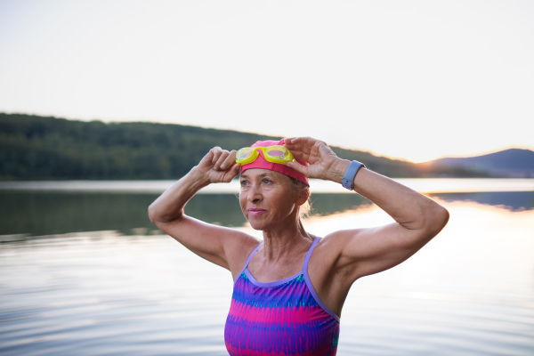 A portrait of active senior woman swimmer outdoors by lake.