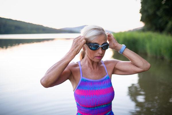 A portrait of active senior woman swimmer outdoors by lake.