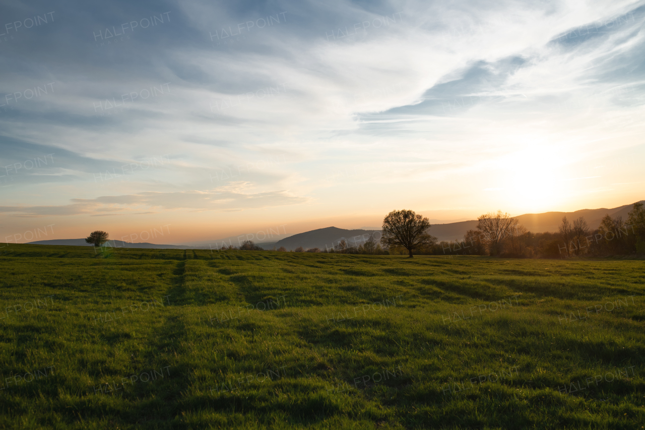 A beautiful rural landscape at sunset, panorama of countryside in Slovakia.