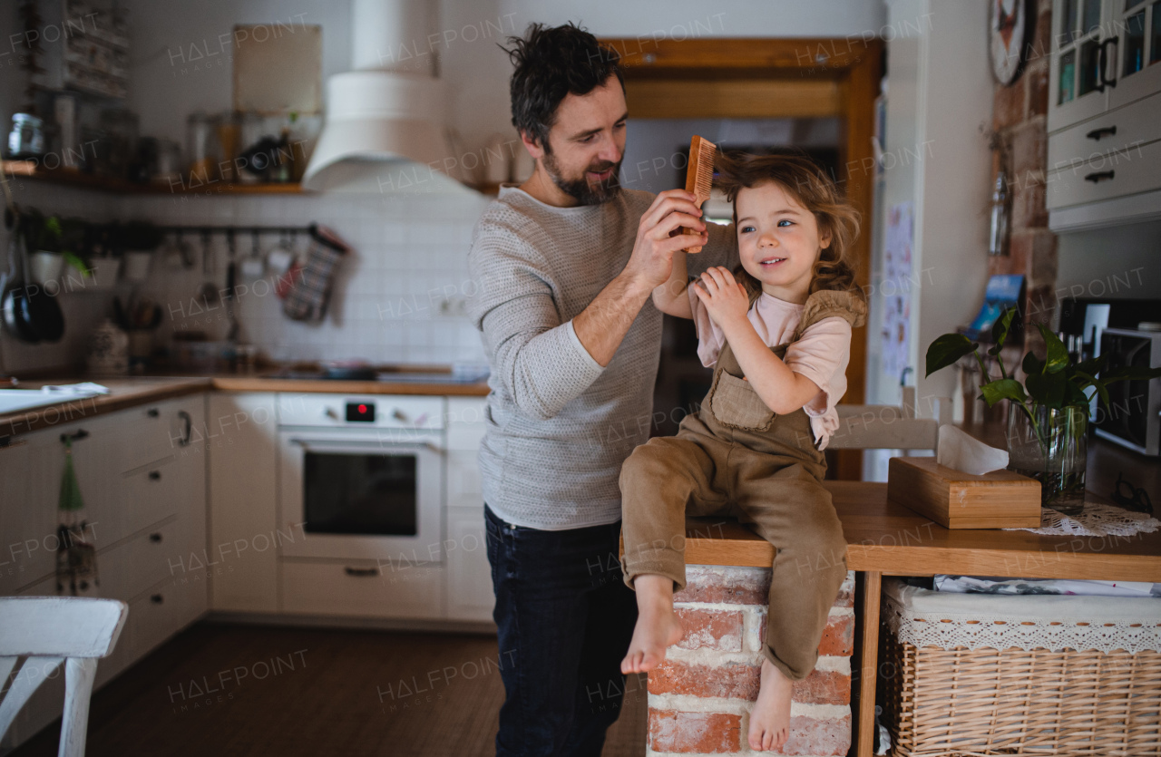 A mature father with small daugther resting indoors at home and combing hair.