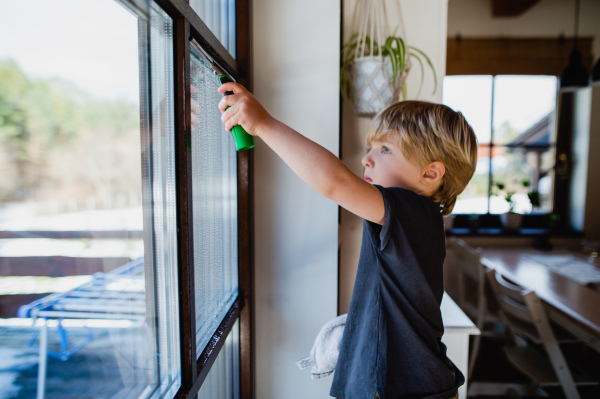 Side view of a little boy cleaning windows indoors at home, daily chores concept.