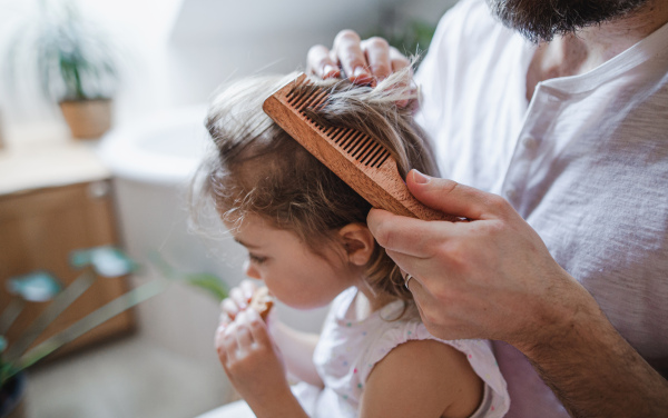 An unrecognizable father with small daughter indoors in bathroom at home, combing hair.