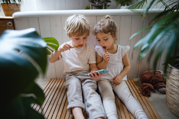 Cute small children sitting on a floor indoors at bathroom, brushing teeth and using smartphone.