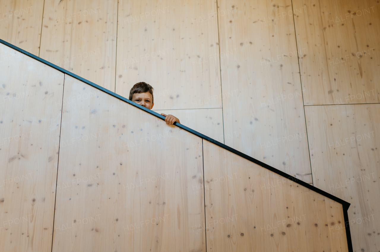 A little boy standing at design wooden staircase and looking down.