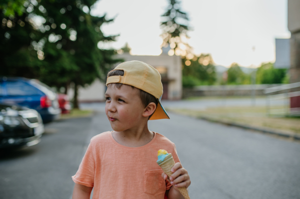 A little cute boy with ice cream outdoors in summer