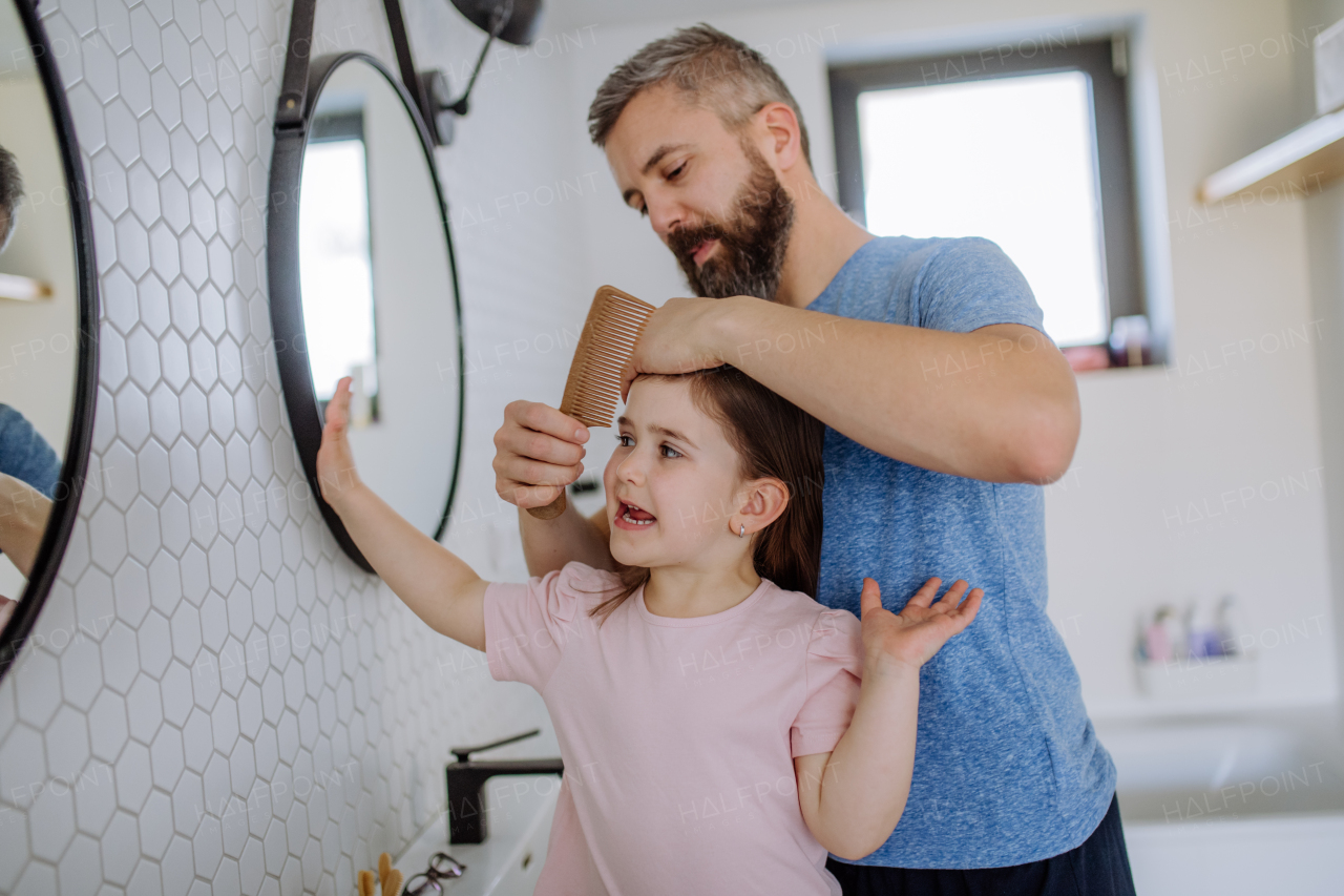 A father brushing his little daughter's hair in bathroom, morning routine concept.