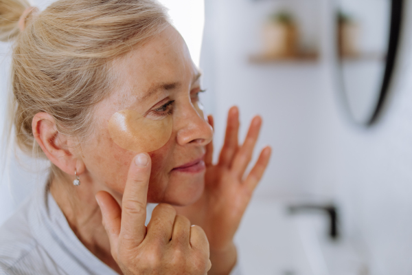 A beautiful senior woman in bathrobe, applying eye patches for puffiness while looking in the mirror