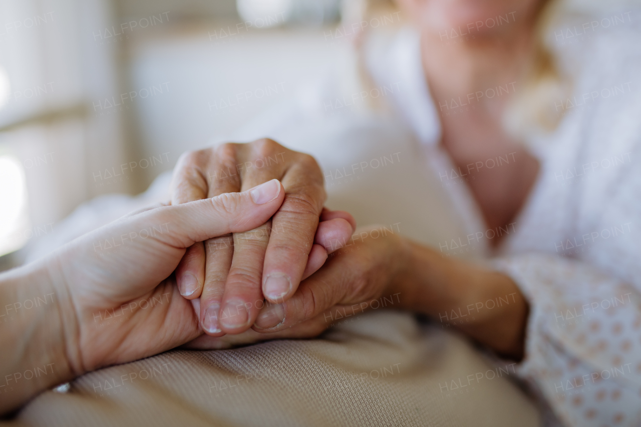 A close up caring grown up daughter holds mother hand provides psychological support