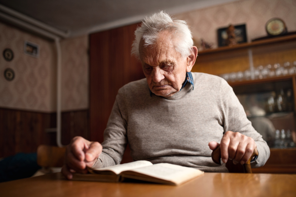 A portrait of elderly man sitting at the table indoors at home, reading book.