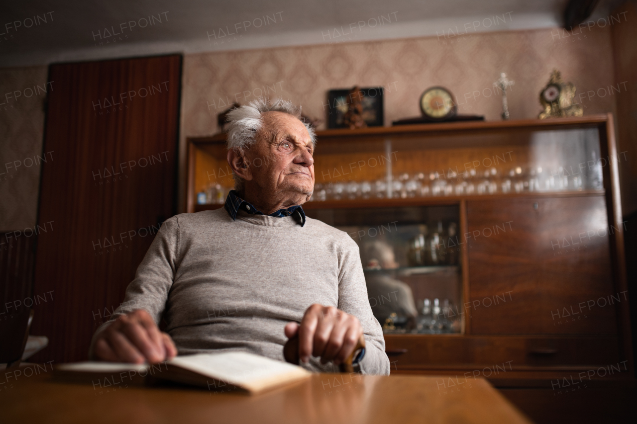 A portrait of elderly man sitting at the table indoors at home, resting.