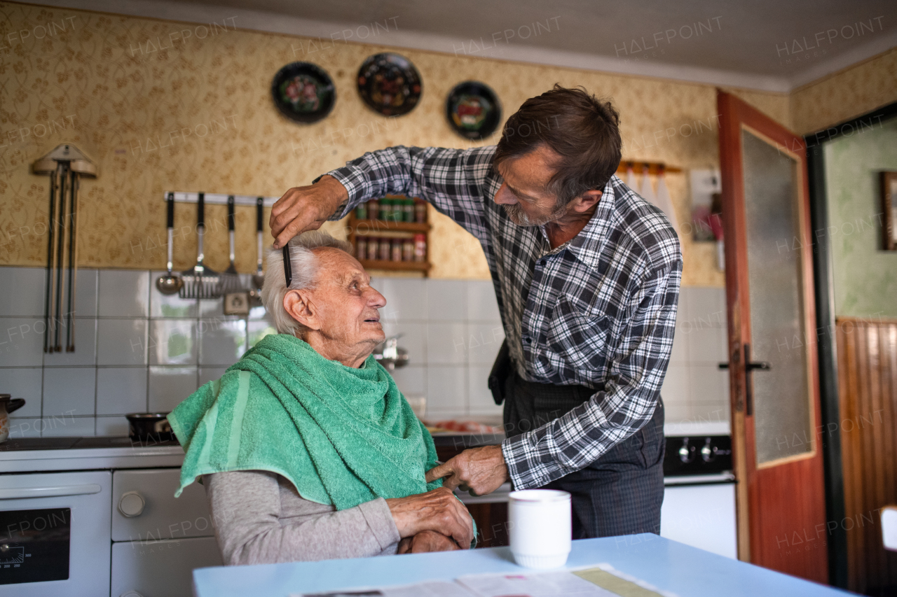 A portrait of man combing hair of elderly father indoors at home.