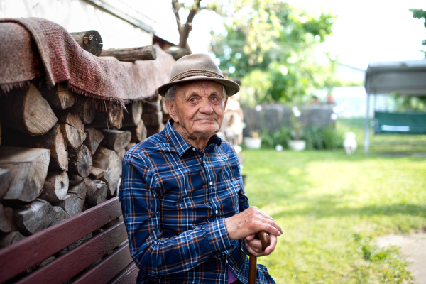 A portrait of elderly man sitting on bench outdoors in garden, resting and looking at camera.