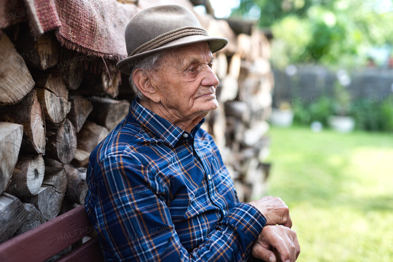 A portrait of elderly man sitting on bench outdoors in garden, resting.