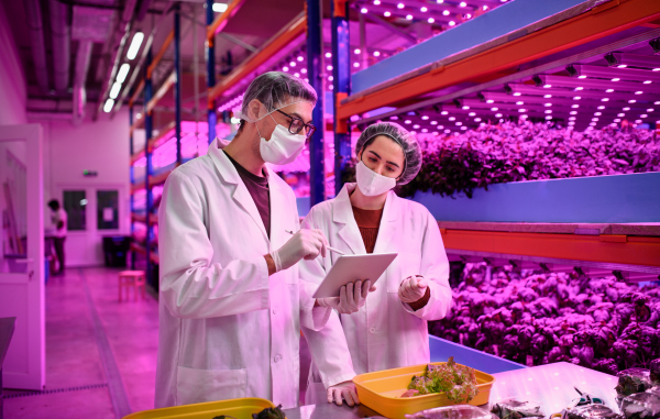 Side view of workers with face mask on aquaponic farm, sustainable business and coronavirus.