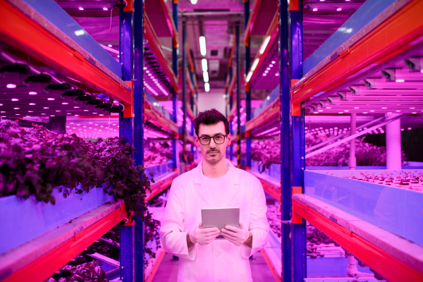 Portrait of worker with tablet on aquaponic farm, sustainable business and artificial lighting.