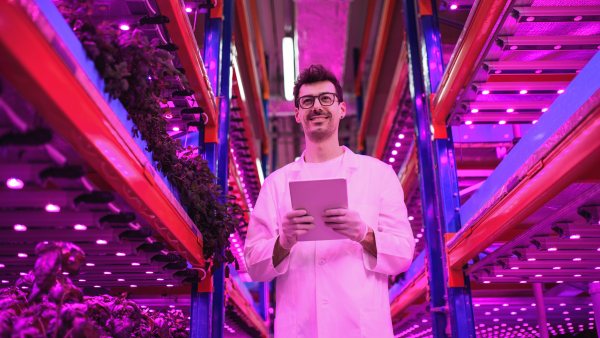 Portrait of worker with tablet on aquaponic farm, sustainable business and artificial lighting.