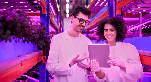 Portrait of workers using tablet on aquaponic farm, sustainable business and artificial lighting.