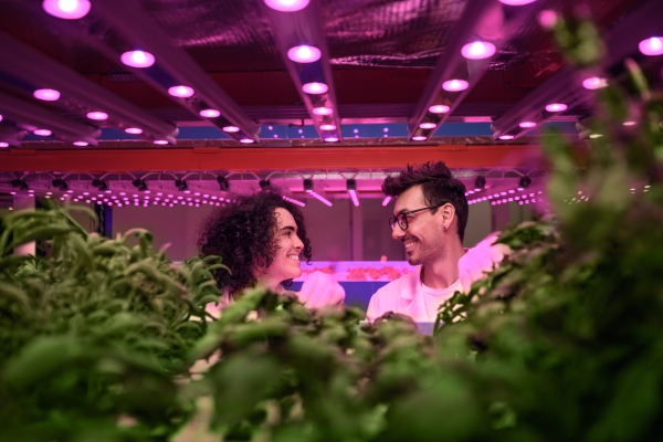 Portrait of workers on aquaponic farm, sustainable business and artificial lighting.