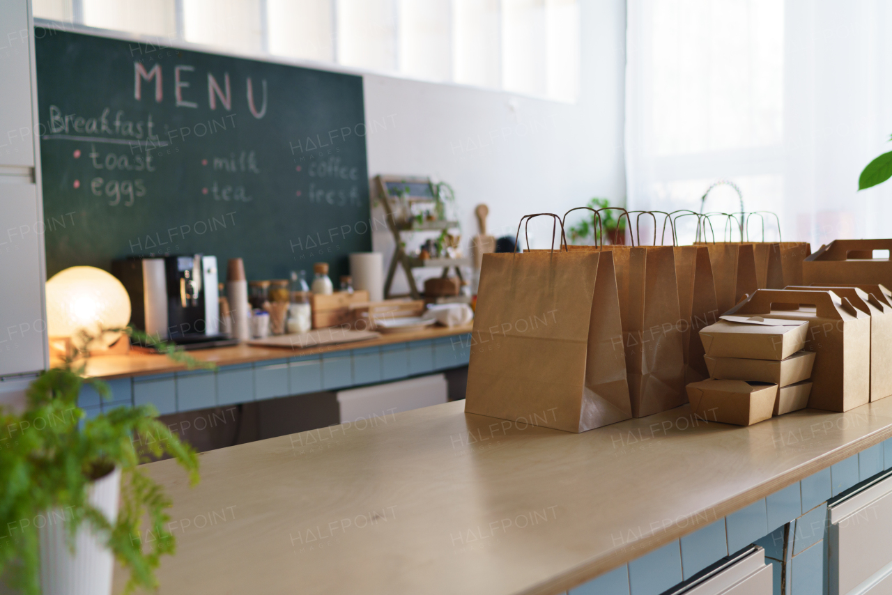 Take away boxes with a lunch prepared for delivery in restaurant.