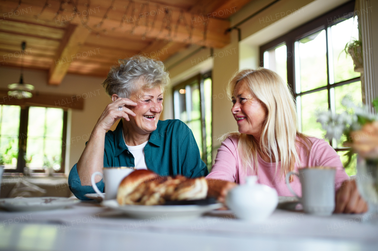 Happy senior friends having coffee and a cake and talking indoors at home.