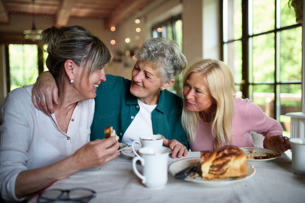 Happy senior friends having coffee and a cake and talking indoors at home.