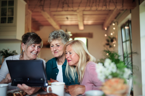 Happy senior friends women having fun and using a laptop indoors at home, coffee time.