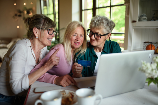 Happy senior friends using a laptop and credit card indoors at home, coffee time.