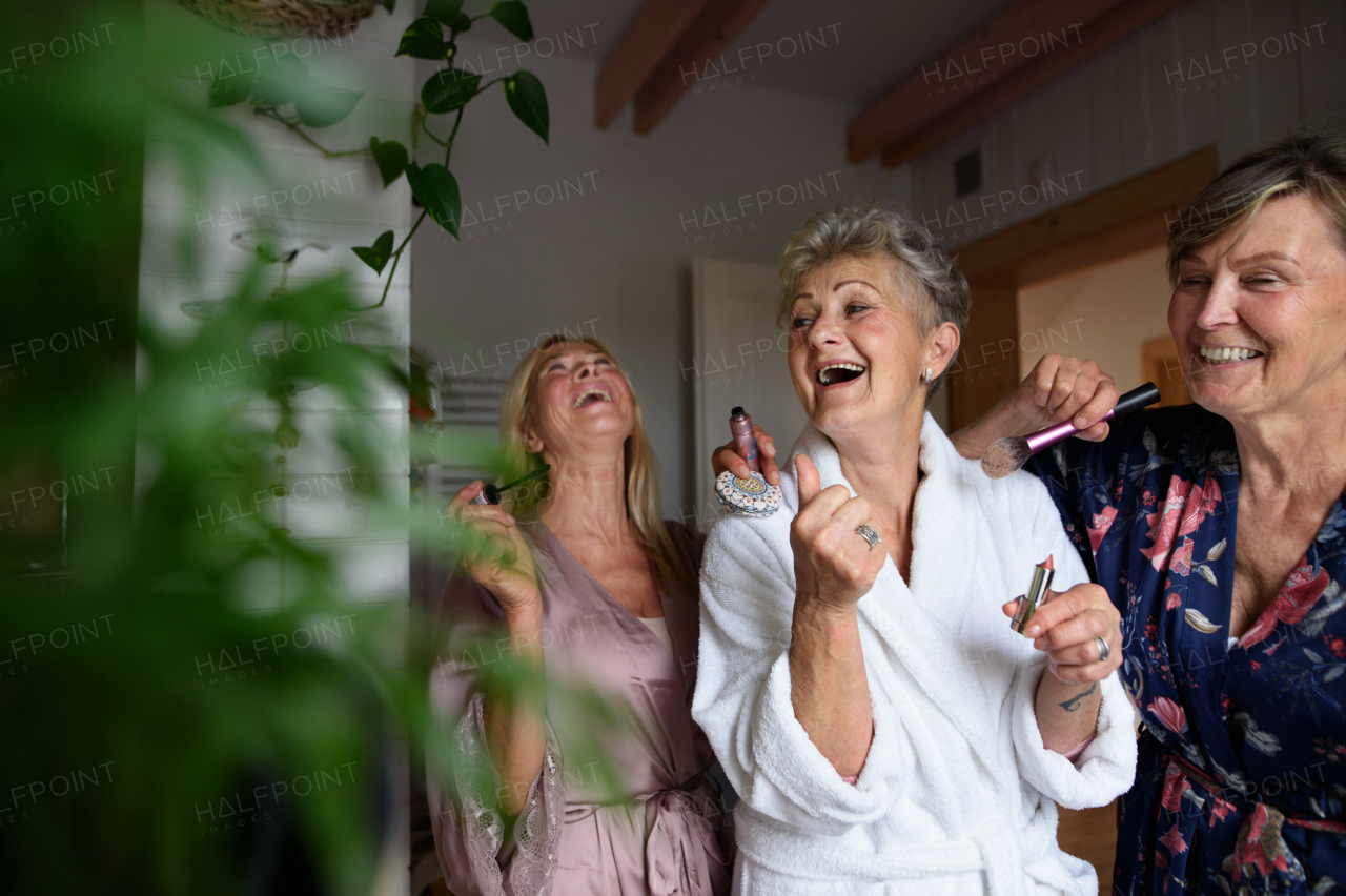 Happy senior women friends in bathrobes having fun indoors at home, a selfcare concept.