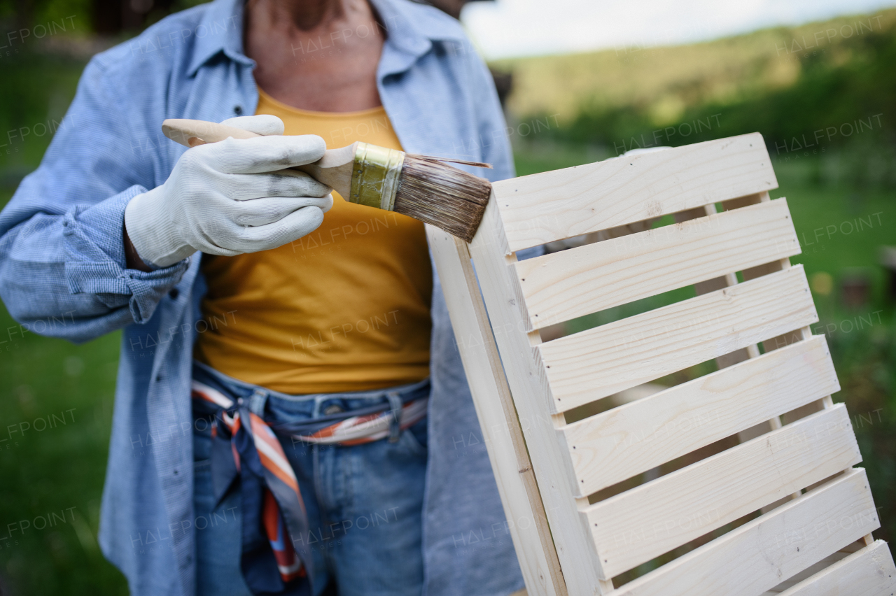 Close up of a senior woman hand with paintbrush impregnating wooden crate outdoors in garden.