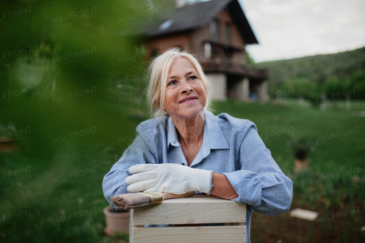 A happy senior woman sitting and resting while doing paint craft outdoors in garden.