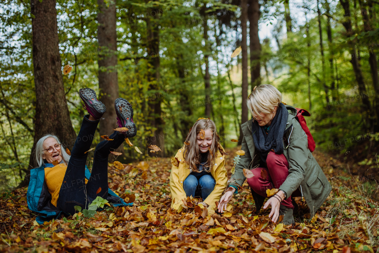 A happy little girl with mother and grandmother having fun with leaves during autumn walk in forest