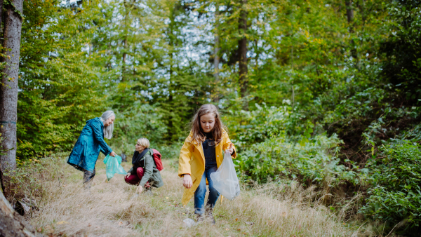 A small girl with mother and grandmother picking up waste outoors in forest.