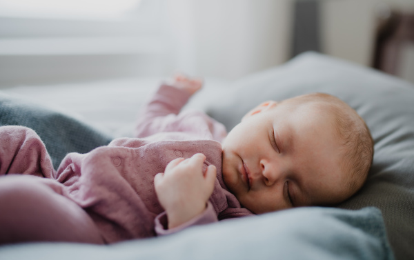 a Portrait of newborn baby girl, sleeping an lying on sofa indoors at home.