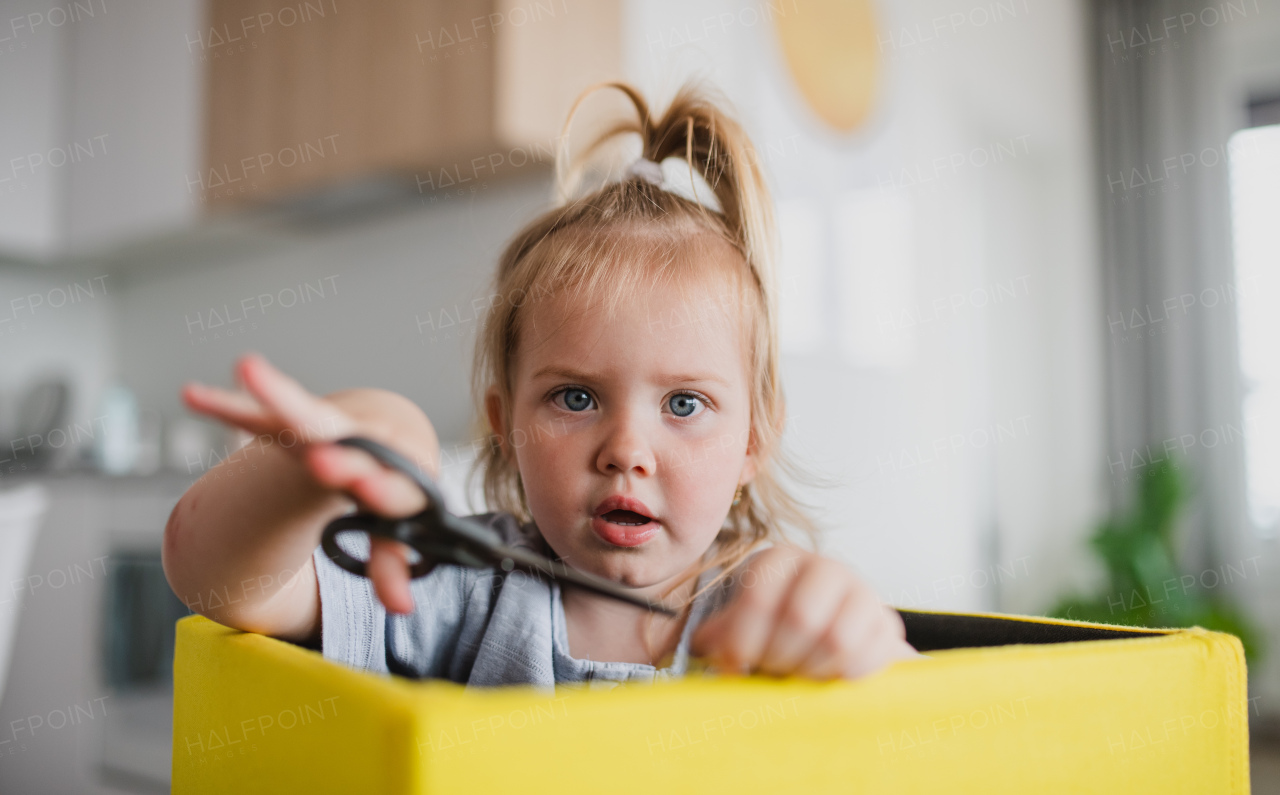 A portrait of little caucasian girl using scissors indoors at home, looking at camera.